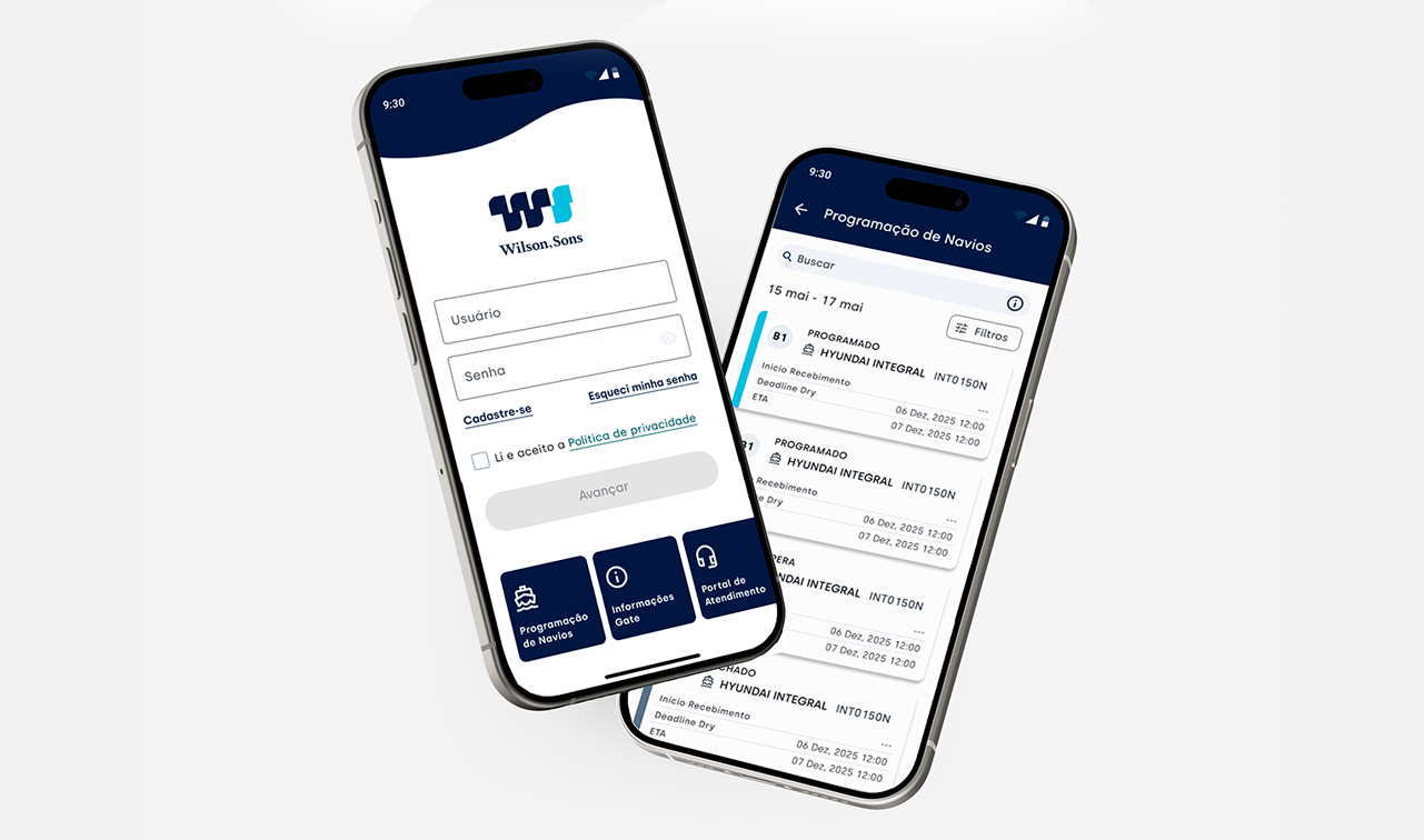 UX e desenvolvimento do app mobile Teconline RIG da Wilson Sons, com programação de navios, bookings, containers e ordens de serviço para o Tecon Rio Grande
